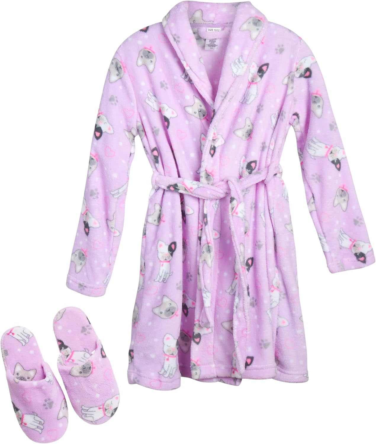 Girls' Bathrobe Set - 2 Piece Soft Cozy Plush Fleece Bathrobe with Matching Slippers for Girls (Sizes: 5-16), Size 5-6, Lavender Puppies