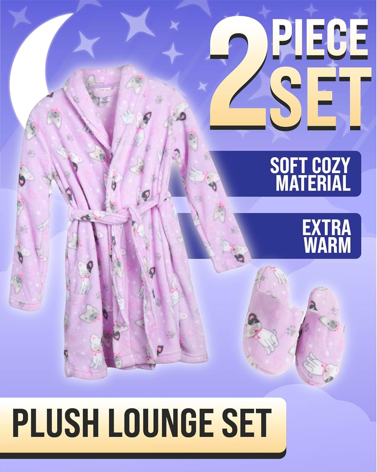 Girls' Bathrobe Set - 2 Piece Soft Cozy Plush Fleece Bathrobe with Matching Slippers for Girls (Sizes: 5-16), Size 5-6, Lavender Puppies