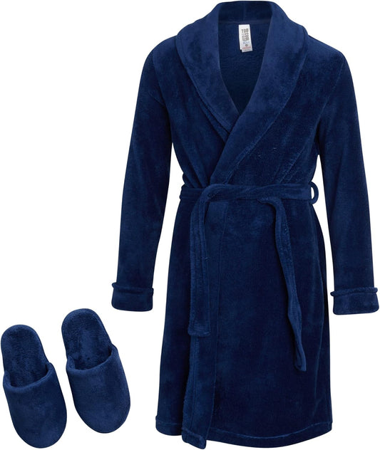 Boys' Bathrobe - 2 Piece Super Soft Fuzzy Plush Fleece Hooded Robe and Slippers - Sleep Robe for Boys (7-16)