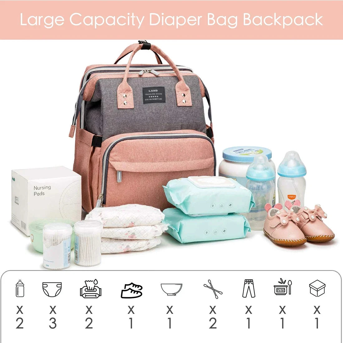 Diaper Bag Backpack with Changing Station, Waterproof Multi-Functional Unisex Baby Pack & USB Charging Port with Toys-Pink