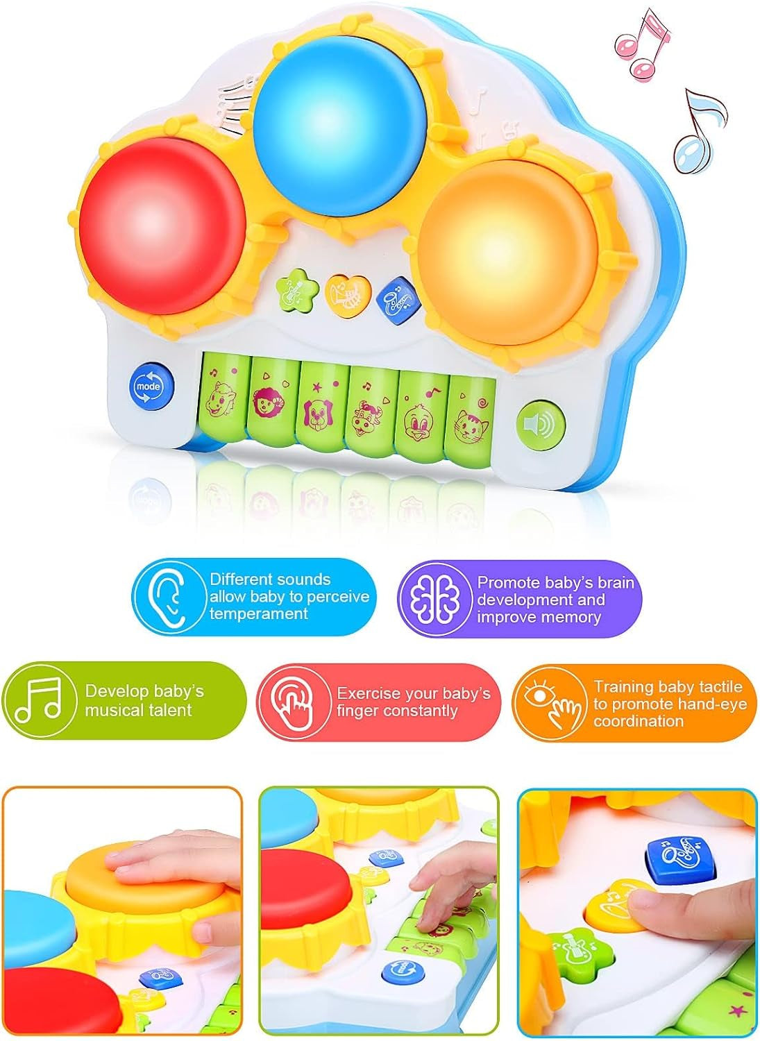 Baby Musical Keyboard Piano Drum Set,Learning Light up Toy, Early Educamional Montessori Toys for Babies Toddler Boys Girls Birthday