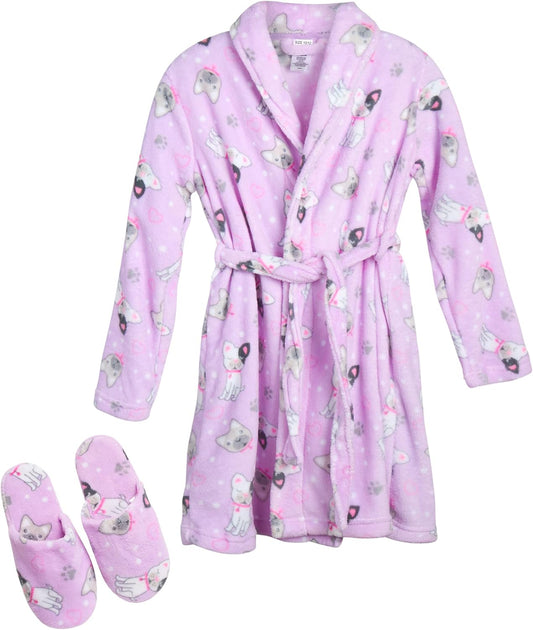 Girls' Bathrobe Set - 2 Piece Soft Cozy Plush Fleece Bathrobe with Matching Slippers for Girls (Sizes: 5-16), Size 5-6, Lavender Puppies