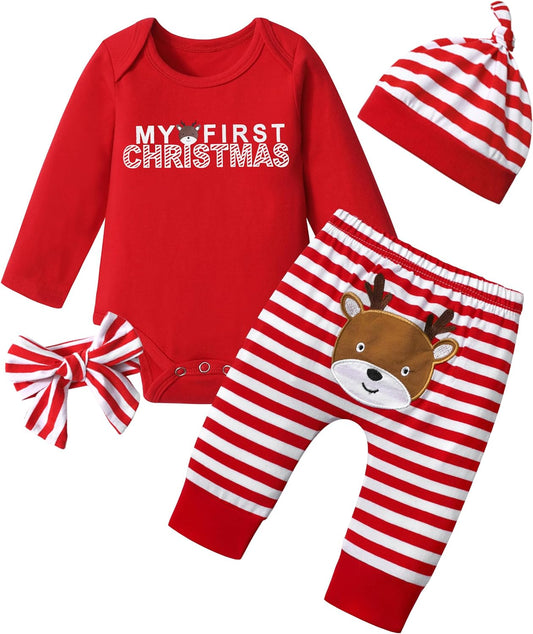 My First Christmas Baby Girl Clothes Cute Baby Girl Christmas Romper + Pants 4PCS Baby Girl Outfits