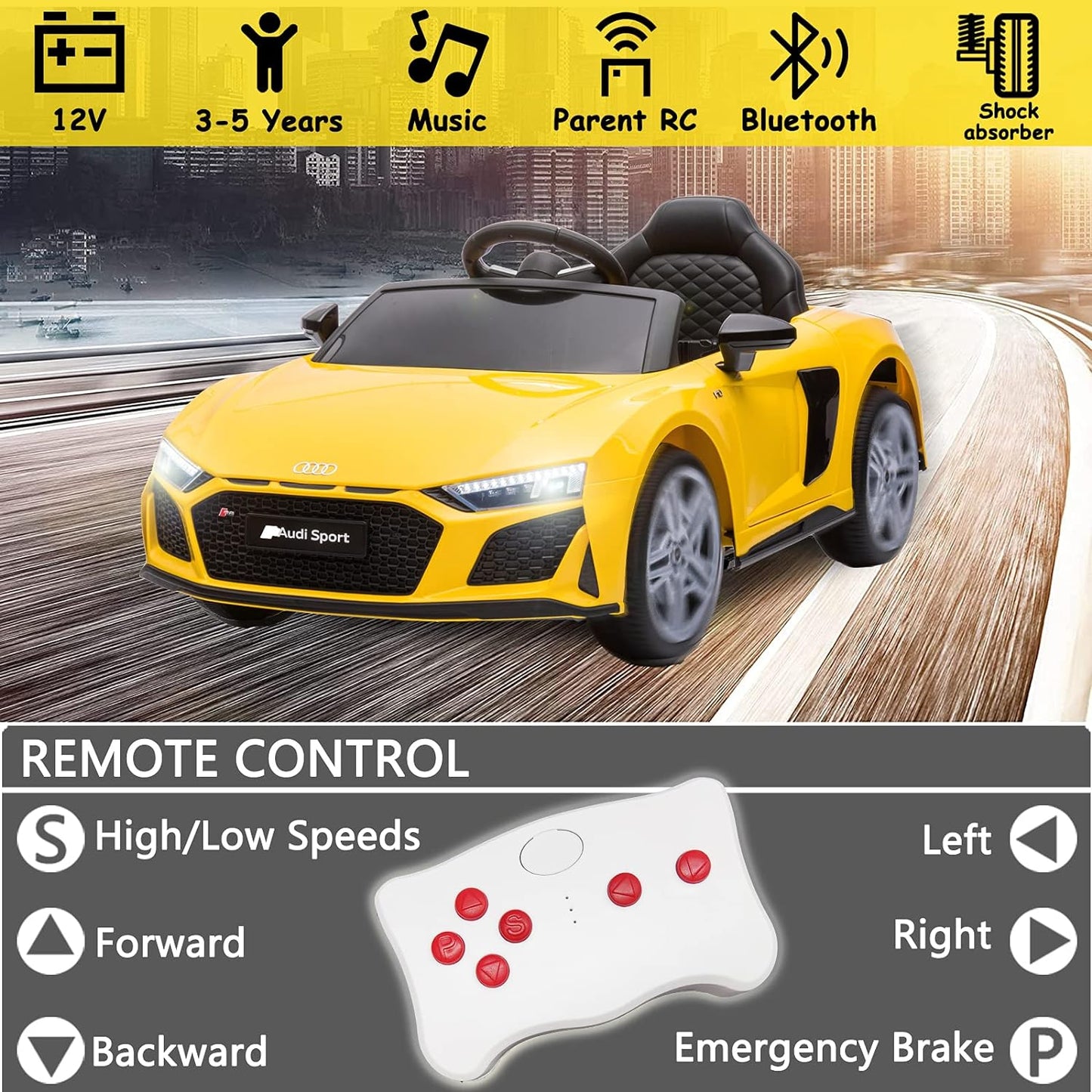 12V Ride on Toy Car Compatible with Audi R8 Electric Car for Kids Ride on Car with Remote Control Battery Powered Sports Car with Spring Suspension, Music,Usb (Yellow)