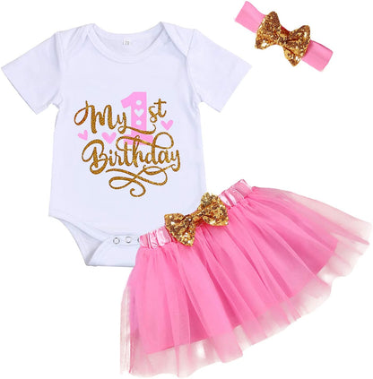 Baby Girl Birthday Cake Smash Outfit Toddler Girl My 1St Birthday Romper Tutu Skirt with Headband Clothes Set