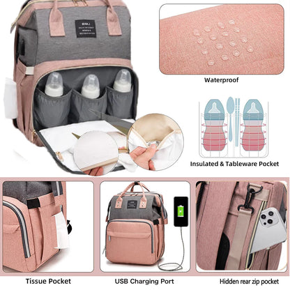 Diaper Bag Backpack with Changing Station, Waterproof Multi-Functional Unisex Baby Pack & USB Charging Port with Toys-Pink