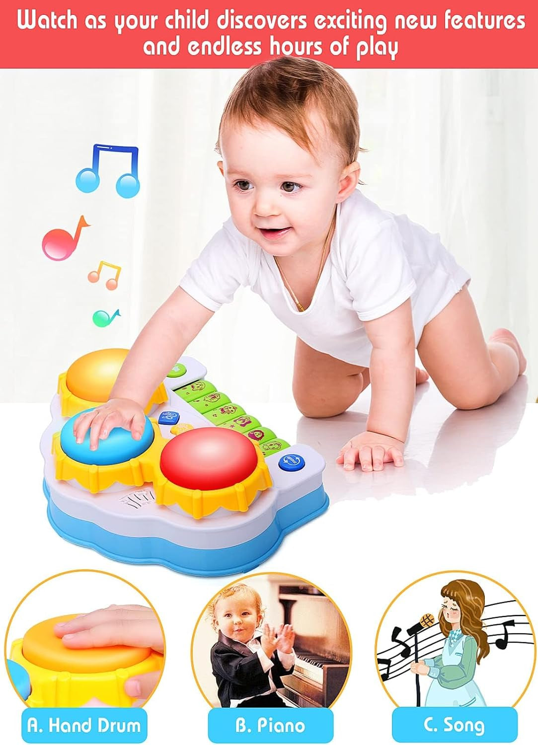 Baby Musical Keyboard Piano Drum Set,Learning Light up Toy, Early Educamional Montessori Toys for Babies Toddler Boys Girls Birthday