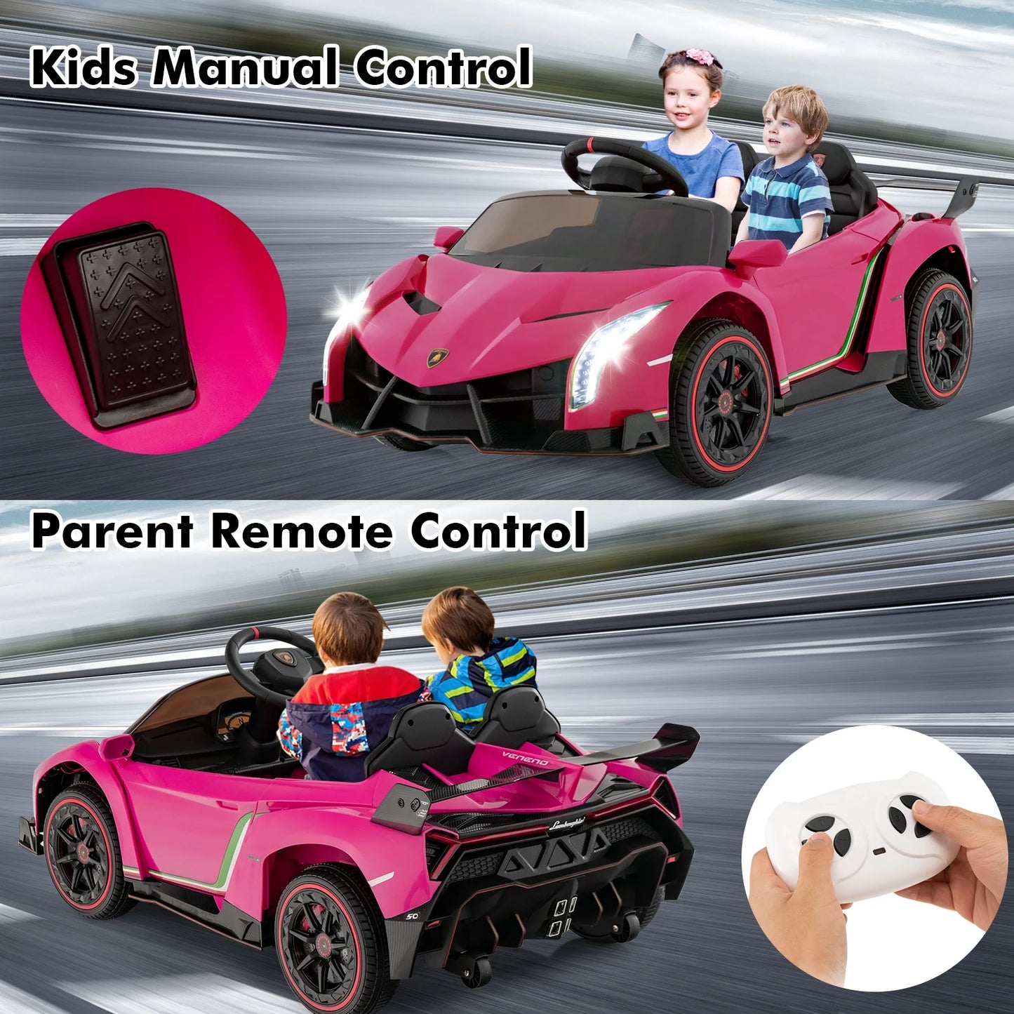 2 Seater Kids Ride on Car, 12V 4WD Licensed Lamborghini Veneno Powered Electric Vehicle with Hydraulic Doors, Rocking Mode, Adjustable Speeds, Remote Control, MP3, Headlight