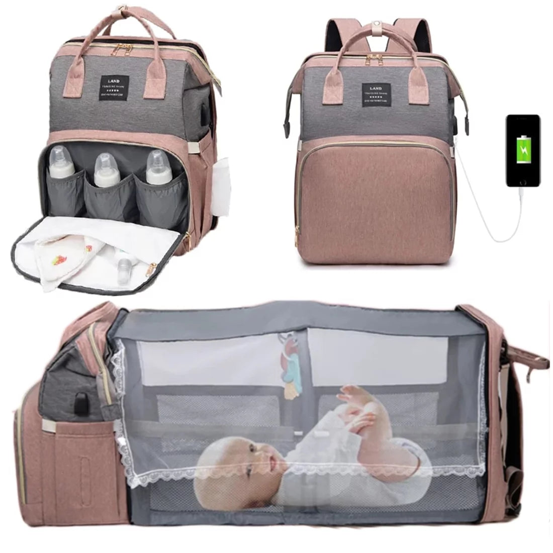 Diaper Bag Backpack with Changing Station, Waterproof Multi-Functional Unisex Baby Pack & USB Charging Port with Toys-Pink