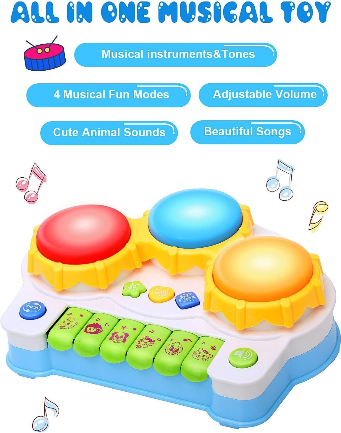 Baby Musical Keyboard Piano Drum Set,Learning Light up Toy, Early Educamional Montessori Toys for Babies Toddler Boys Girls Birthday