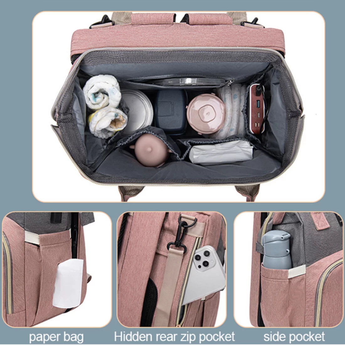 Diaper Bag Backpack with Changing Station, Waterproof Multi-Functional Unisex Baby Pack & USB Charging Port with Toys-Pink